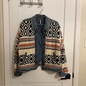 Free People Denim-Trim Aztec Knit Jacket in Cream, Black & Rust
